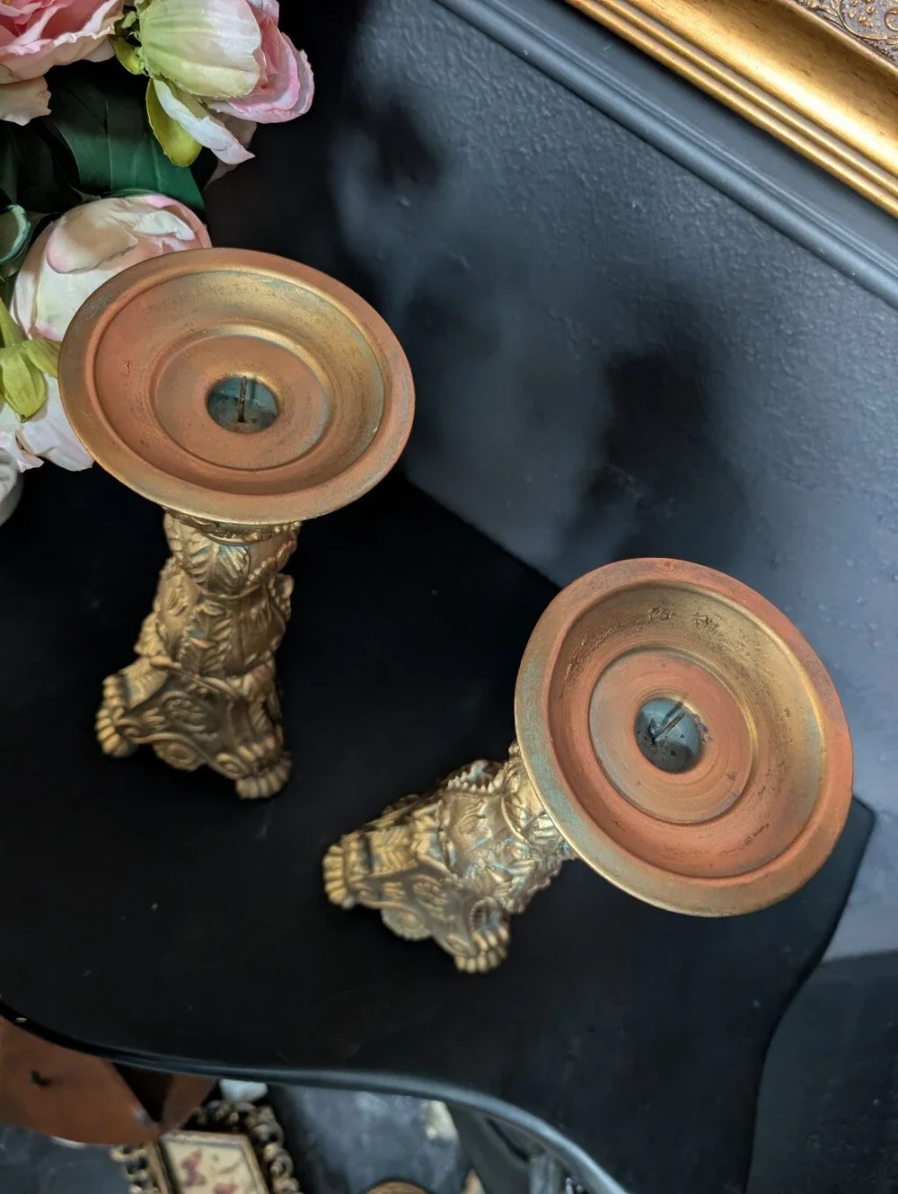 Vintage, set of 2,  Large Renaissance Style Gold Gilt Tripod Footed Large Candle